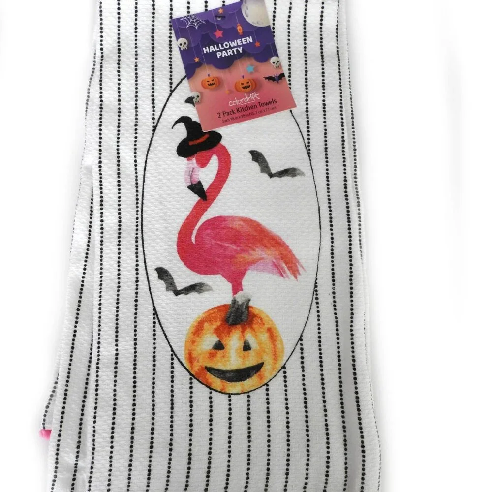 NWT Colordrift Halloween Flamingo Pumpkin Cotton Kitchen Towels Pack 2 Stripes